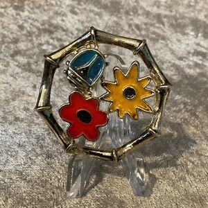 Vintage RNK Gold Circular Pin with 2 Flowers and Bug